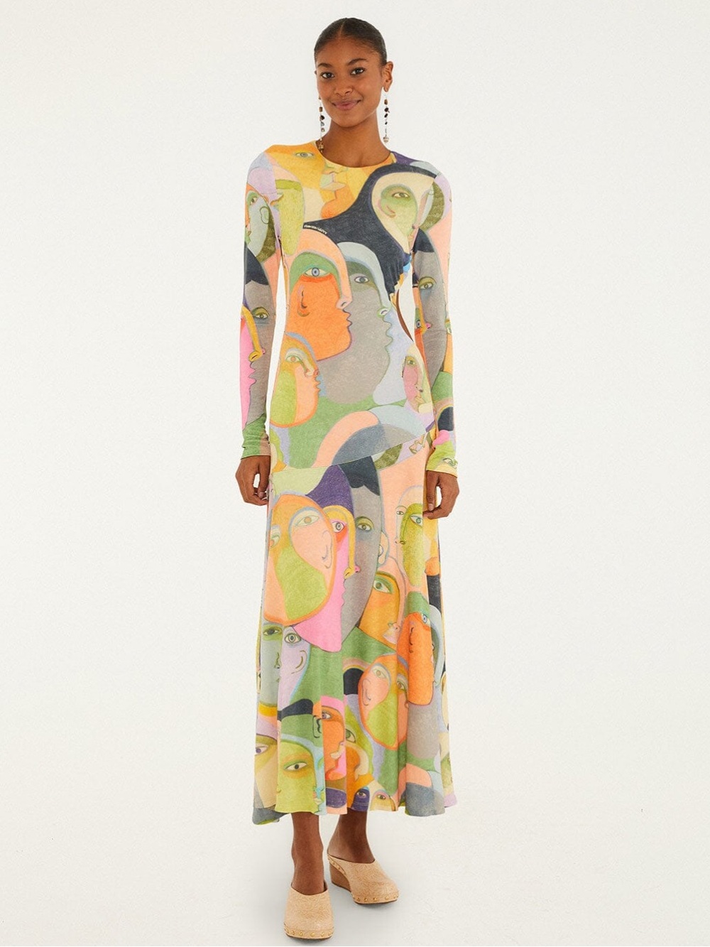 Farm Rio Crowded Series Drawing Long Sleeve Midi Dress M NWT